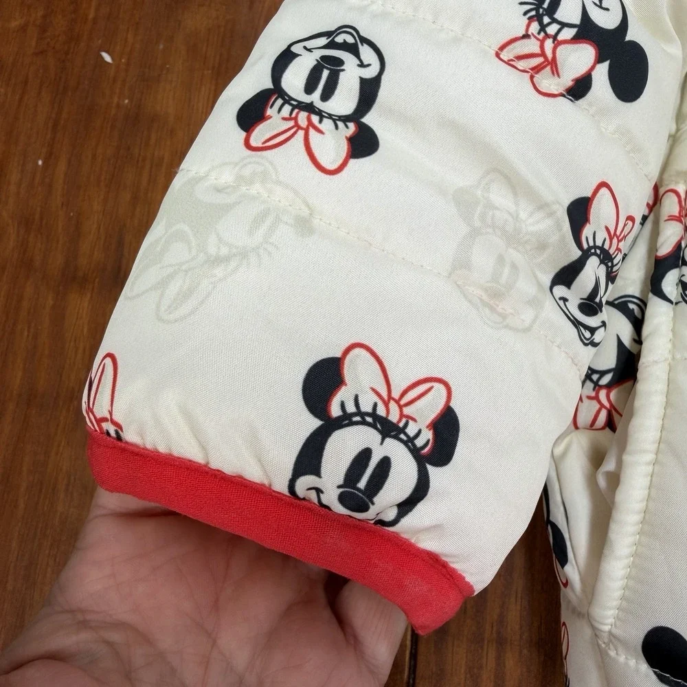 Disney Junior Minnie Mouse Hooded Puffer Jacket White Sherpa Sequin M Size 4T